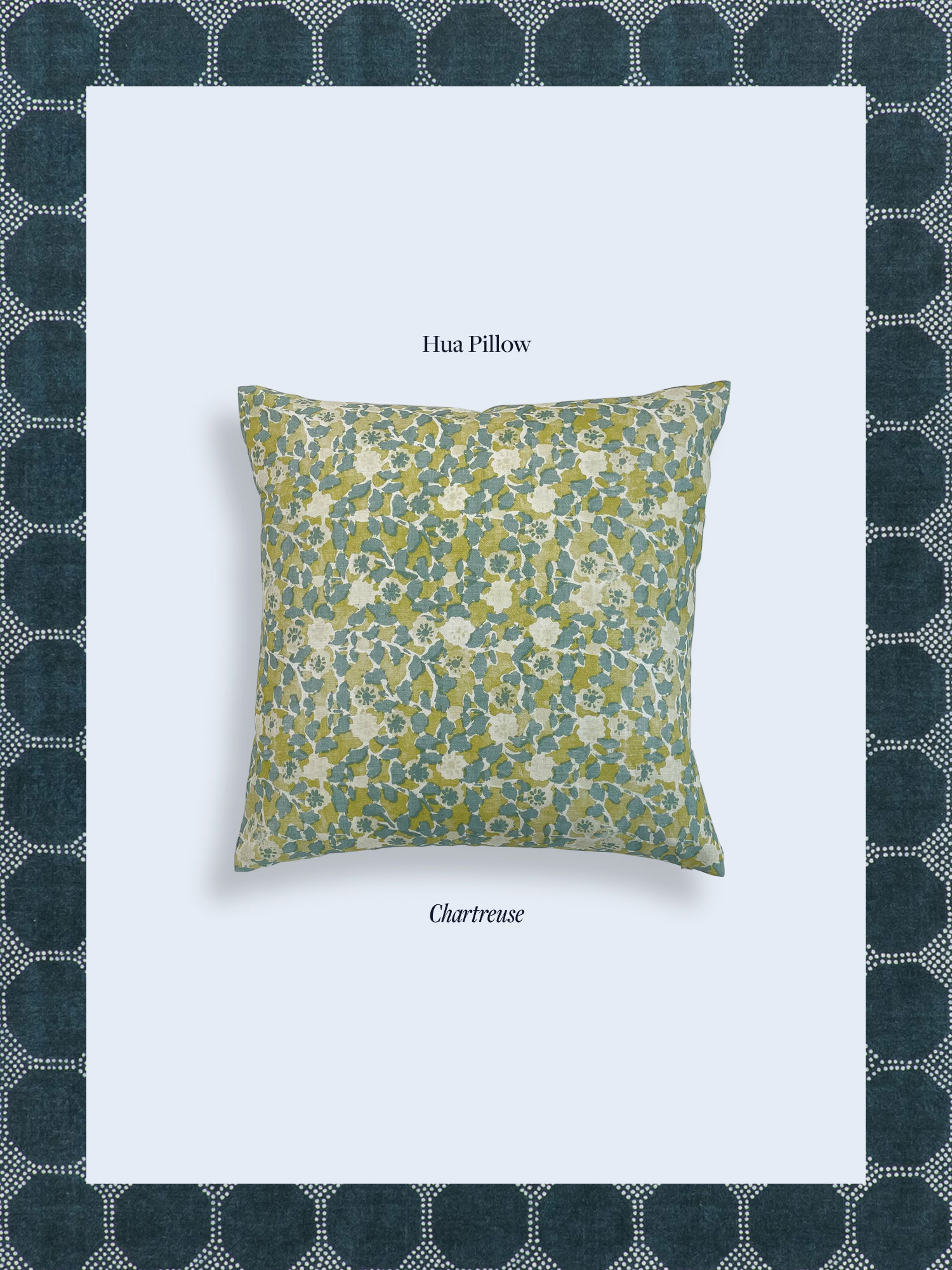 Hua Pillow in chartreuse floral pattern, designed and styled for LuRu Home showcased in branding project by Amanda Pickens